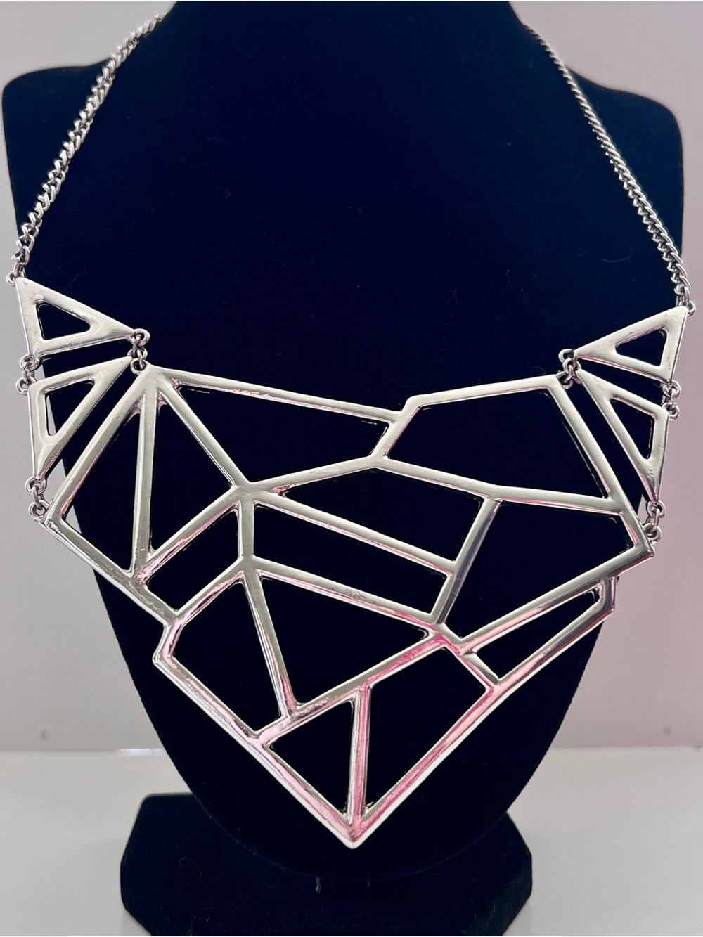 Geometric Statement Silver Tone Bib Runway Necklace Openwork